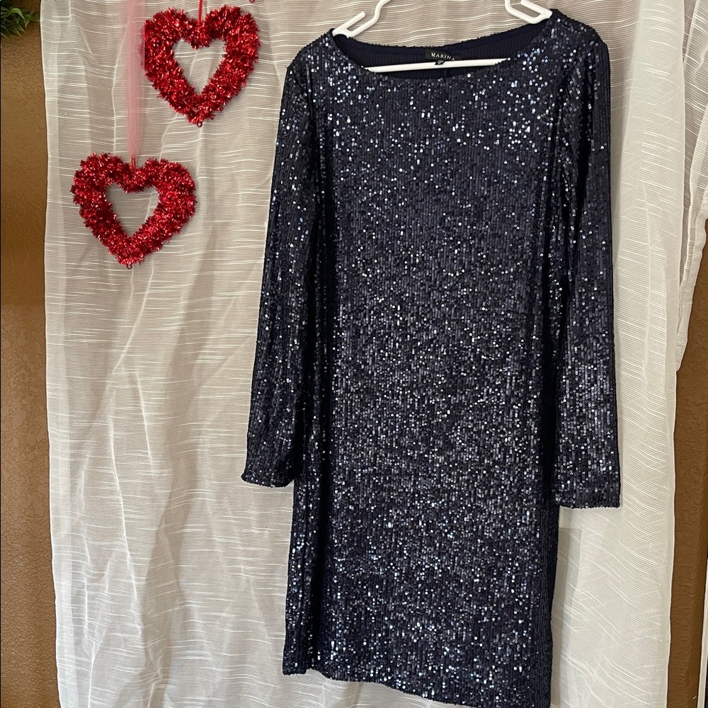 MARINA Navy Sequin Long Sleeve Dress